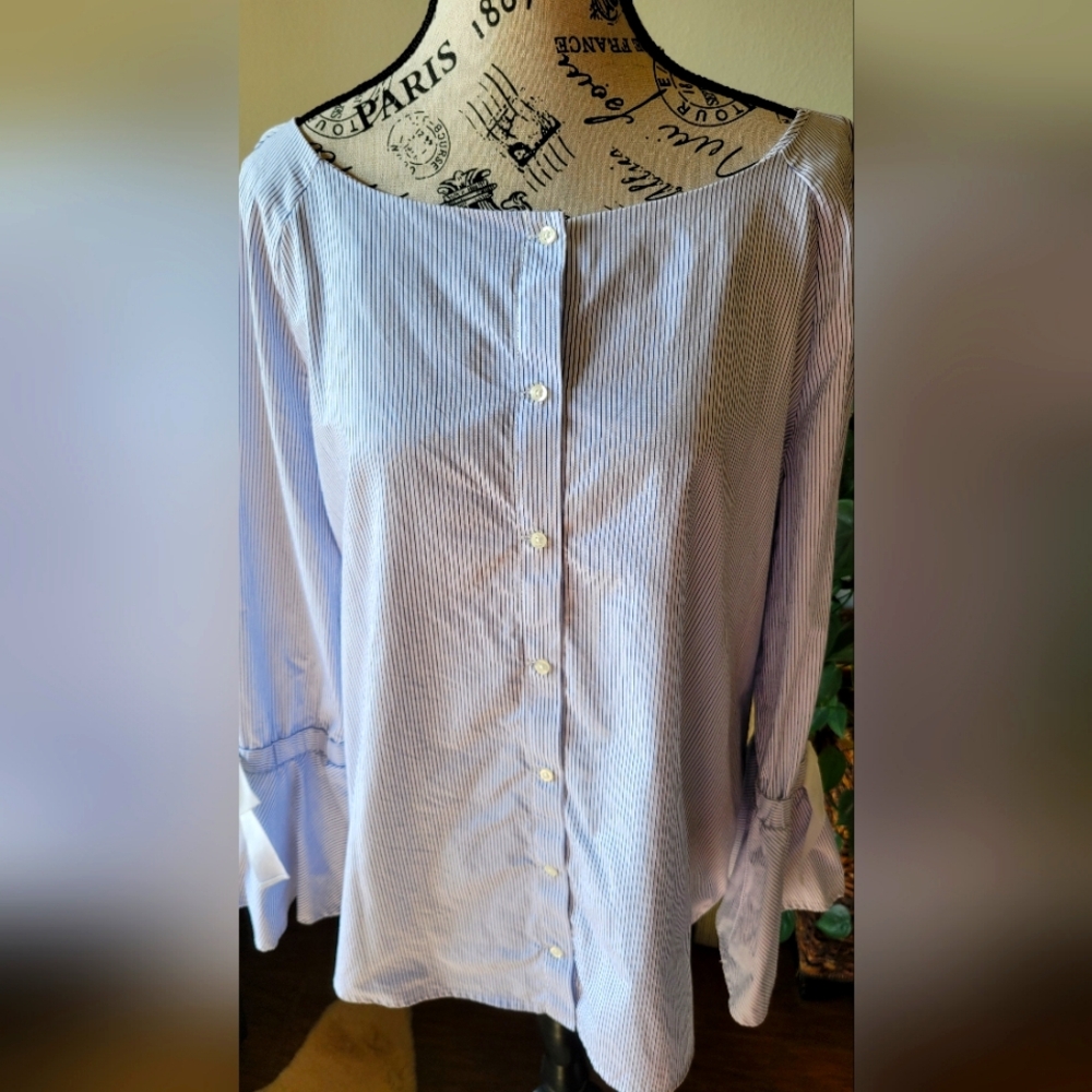 Andrew Marc New York Button Up Blouse with Bell Sleeve and Ribbon Detail